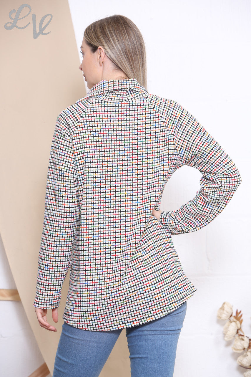 Dames Trui met Col, Rits en Meerkleurige Vierkante Print Wit
