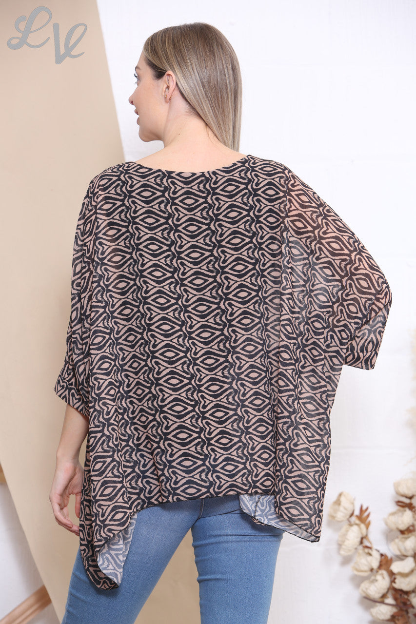 Ladies Diamonds Print Batwing Blouse Top Tan