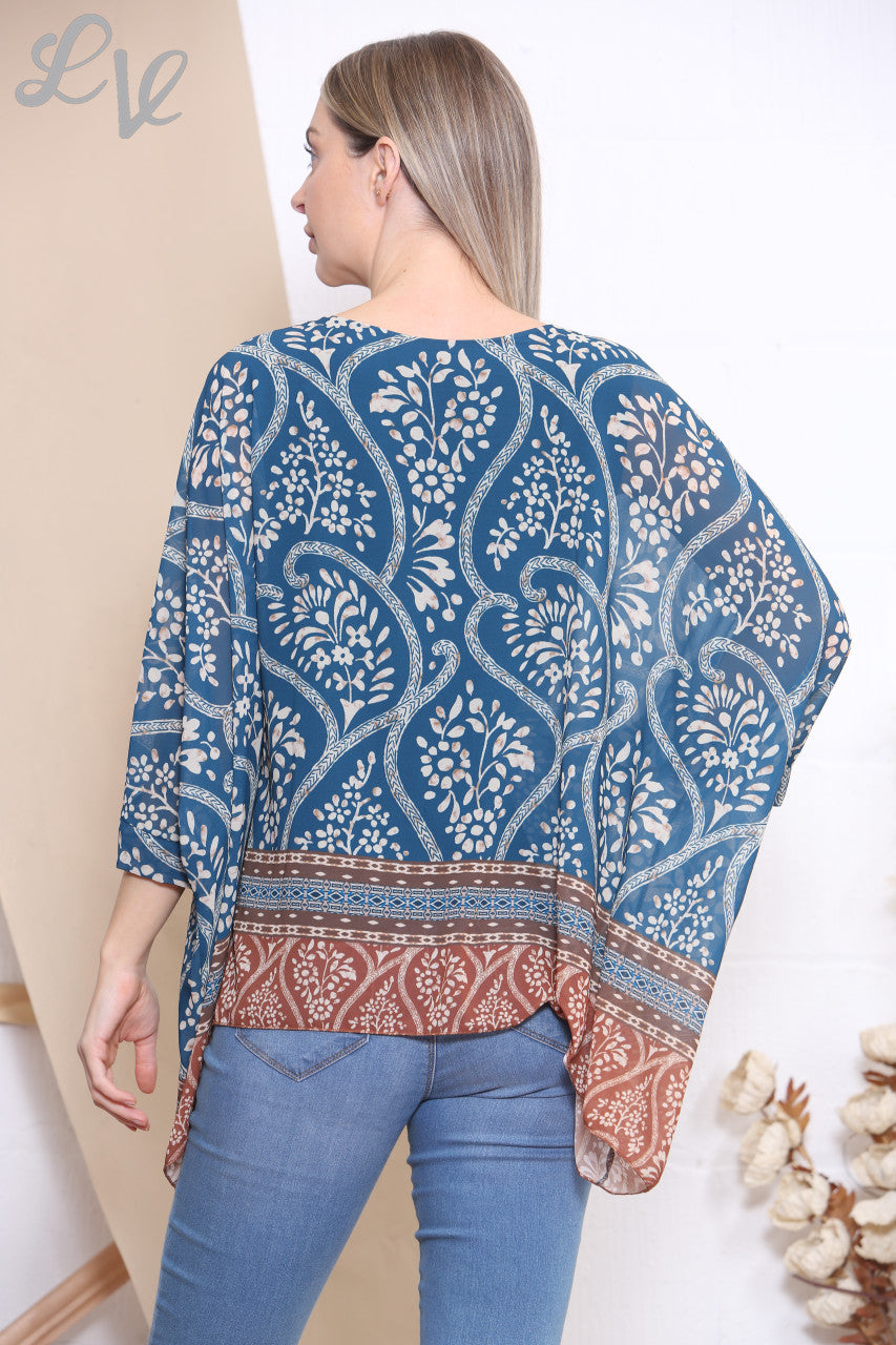 Dames Bloemen Paisley Print Vleermuismouw Blouse Top Groenblauw
