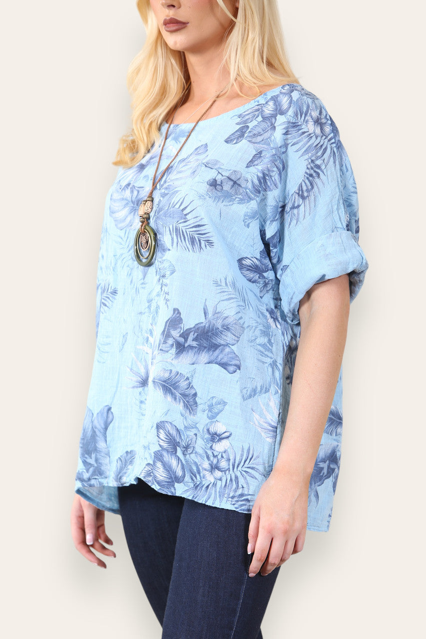 TOP MET BLADERPRINT - LICHTBLAUW