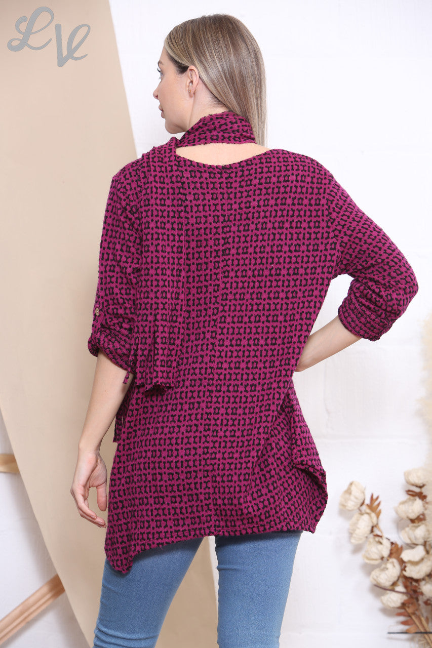 Ladies Knitted Print Jumper Top With Scarf Cerise