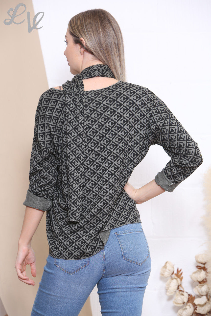 Ladies Geometric Print Top With Scarf Khaki