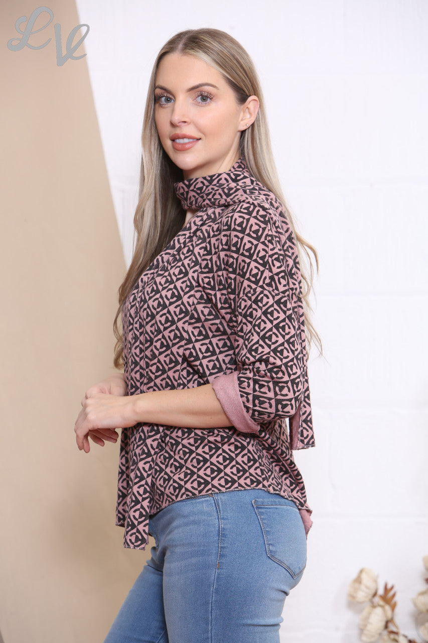 Dames Top Met Geometrische Print En Sjaal Oudroze