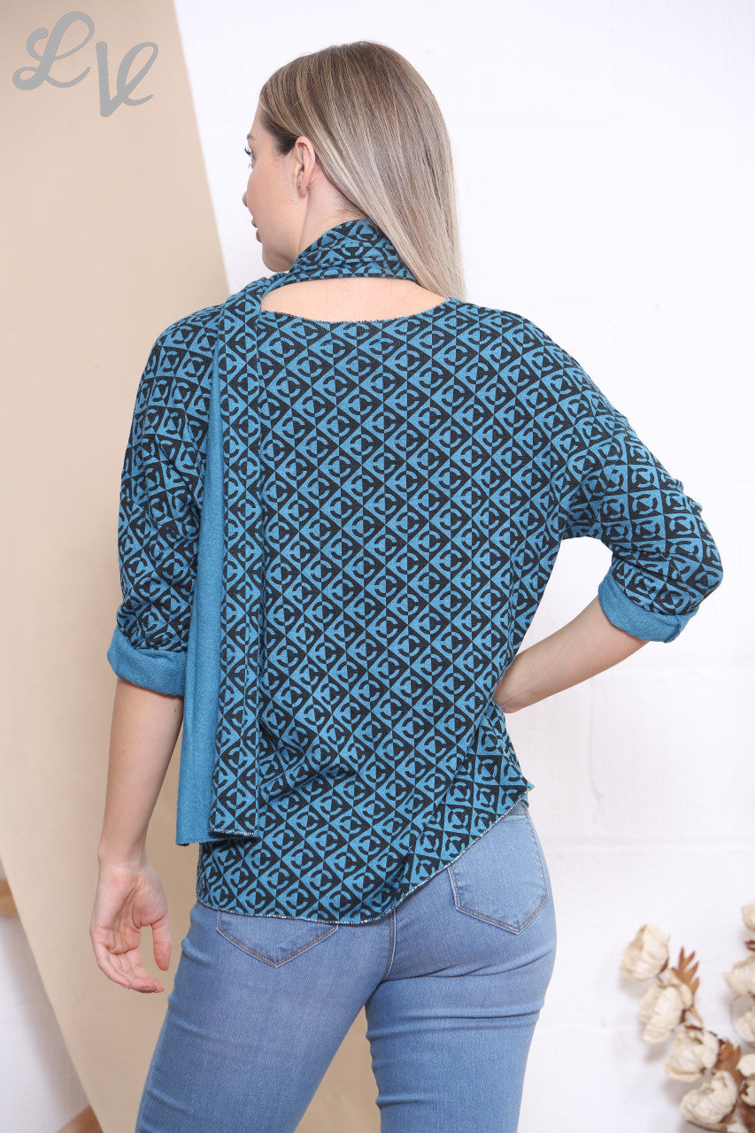 Ladies Geometric Print Top With Scarf Teal