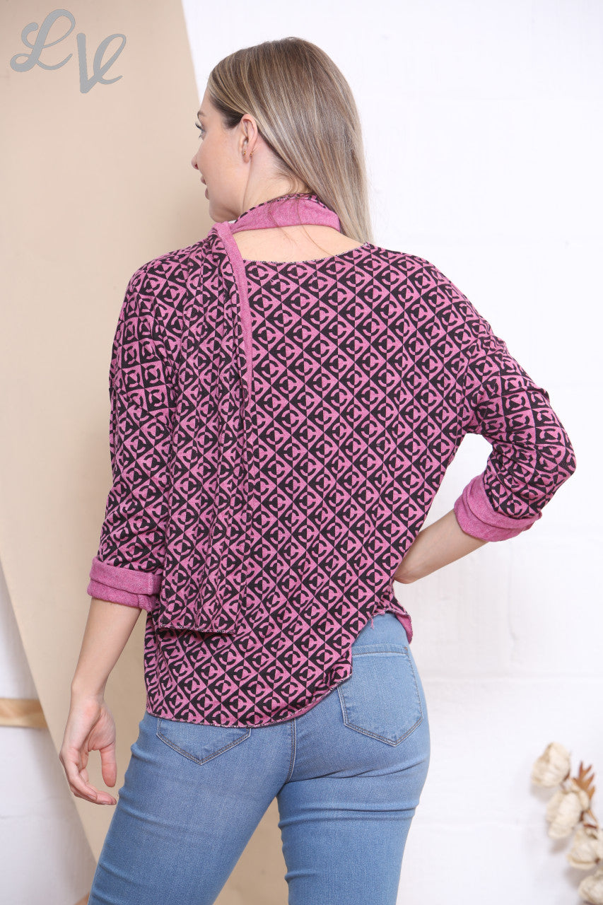 Dames Top Met Geometrische Print En Sjaal Cerise
