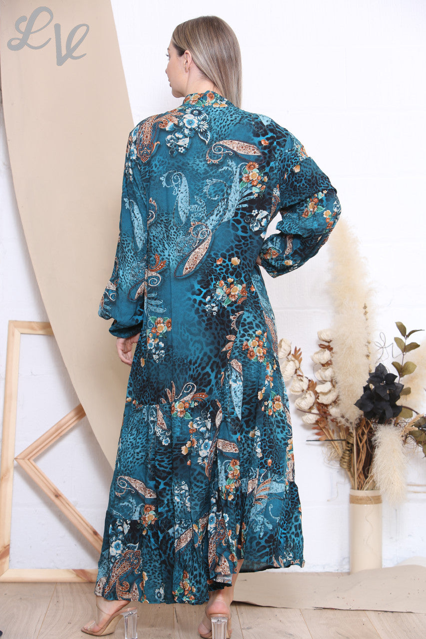 Ladies Animal Paisley Mix Print Dress Teal