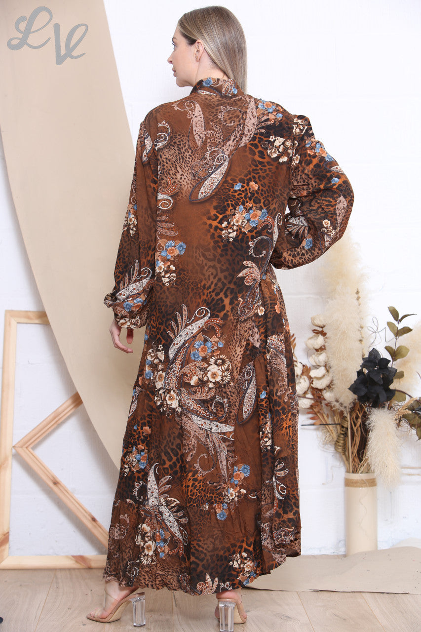 Ladies Animal Paisley Mix Print Dress Tan