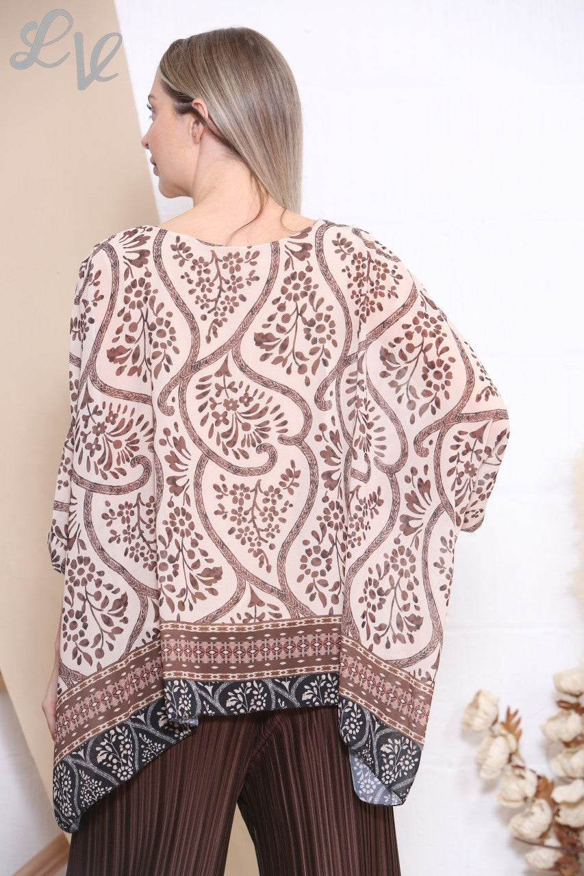 Ladies Floral Paisley Print Batwing Blouse Top Stone
