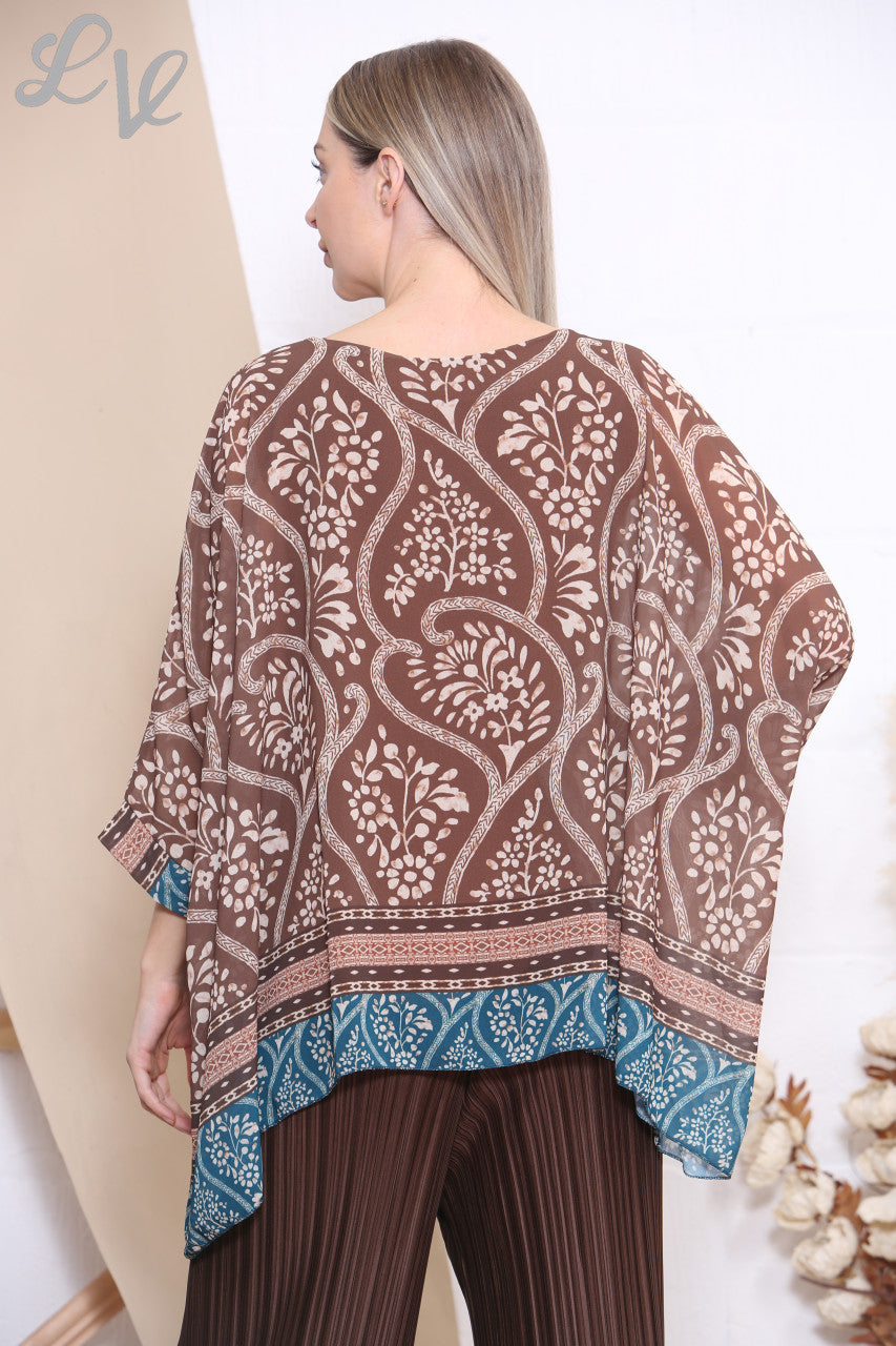 Ladies Floral Paisley Print Batwing Blouse Top Tan