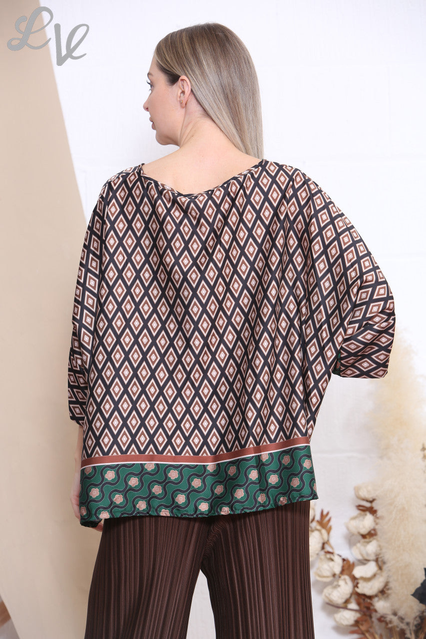 Ladies Diamond Print Batwing Blouse Top Black