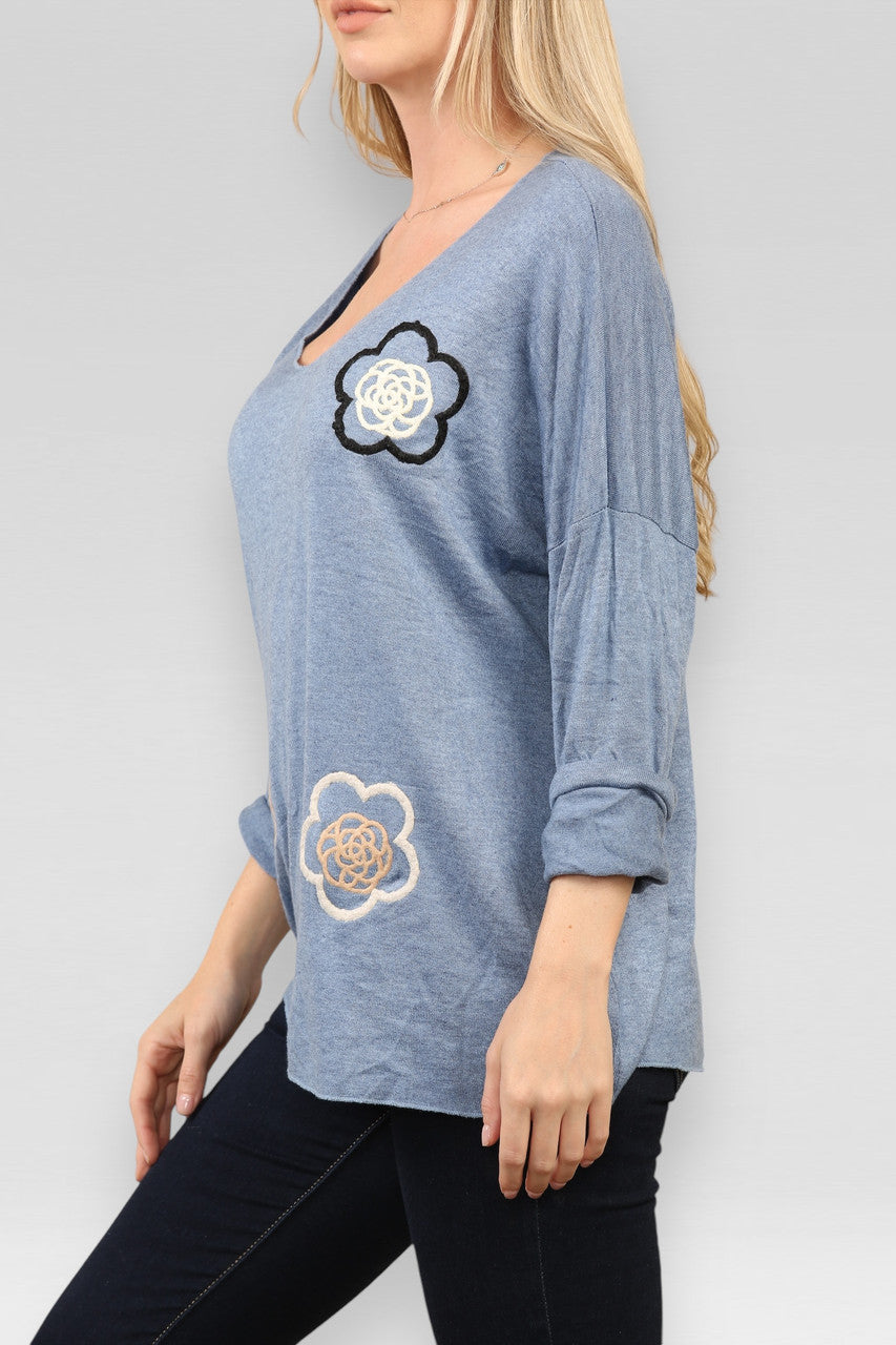 JURK VAN DENIM MET GEBORDUURD BLOEMENDESSIN