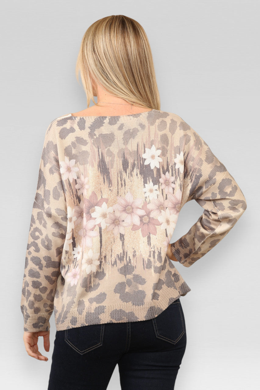 KNITTED SHIMMER FLORAL LEOPARD PRINT TOP STONE