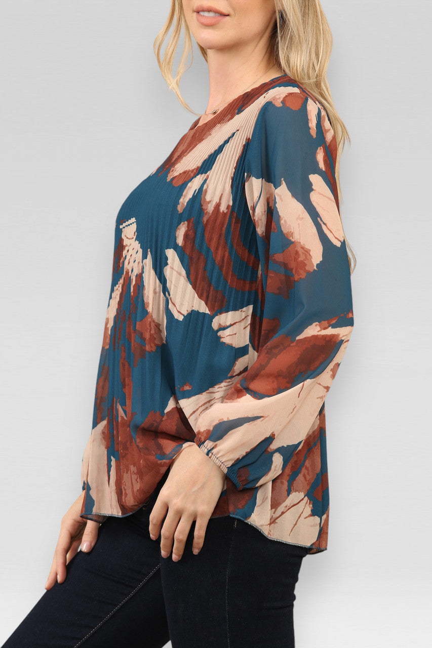 GEPLOOIDE BLOUSE MET ABSTRACTE PRINT IN PETROLBLAUW