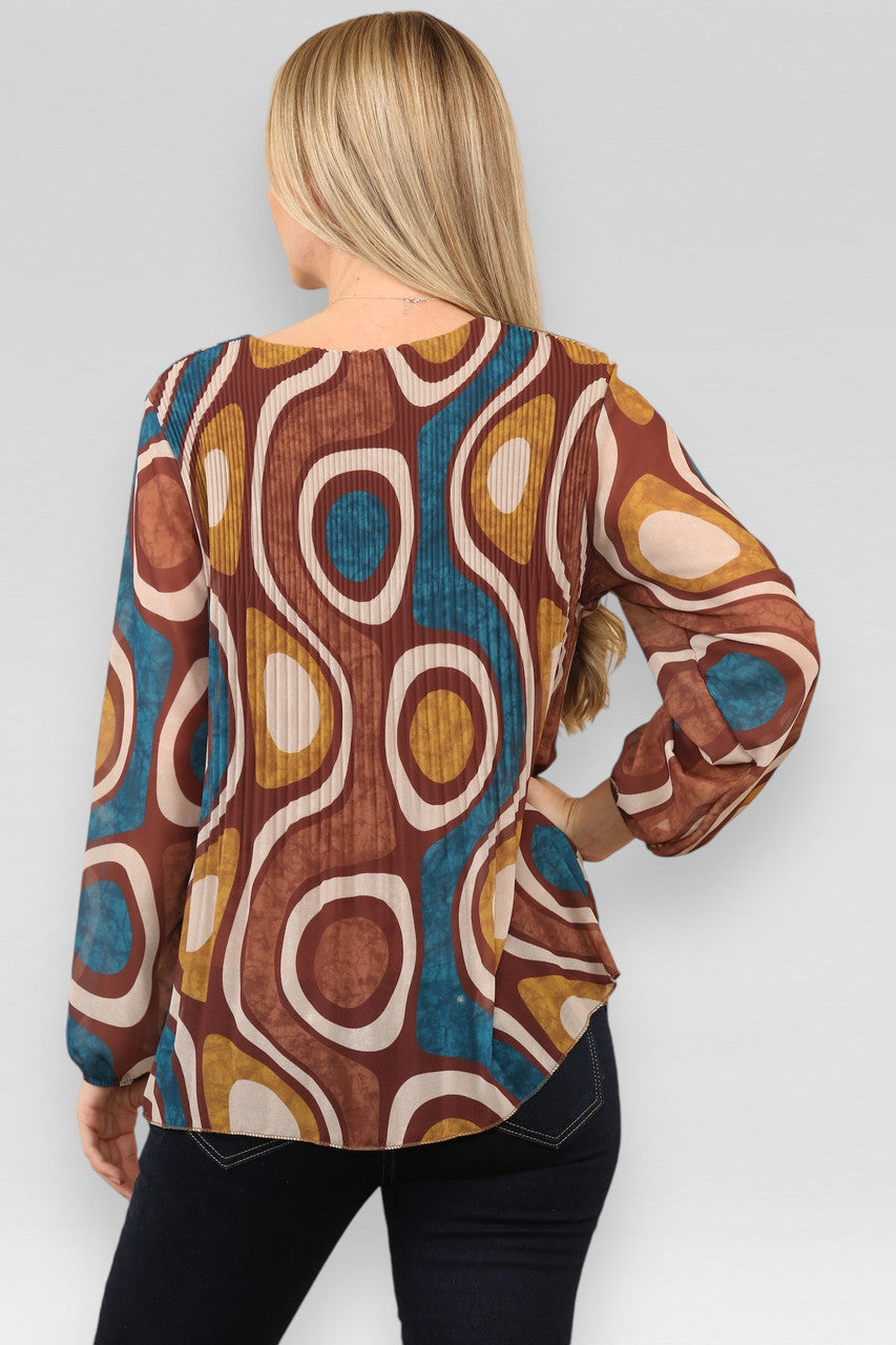 BLOUSE MET PLOOIEN EN CIRKEL-/WIRRELPRINT ROESTBRUIN