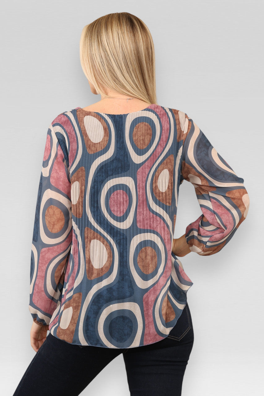 BLOUSE MET PLOOIEN EN CIRKELPATROON VAN DENIM