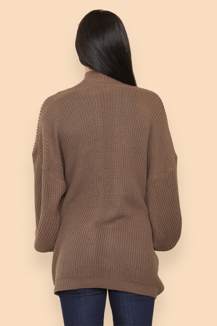 CHUNKY KNIT BALLOON SLEEVE CARDIGAN BROWN