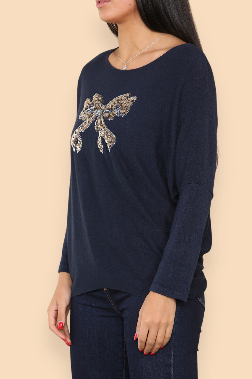 SPARKLE GLITTER BOW KNITTED JUMPER NAVY
