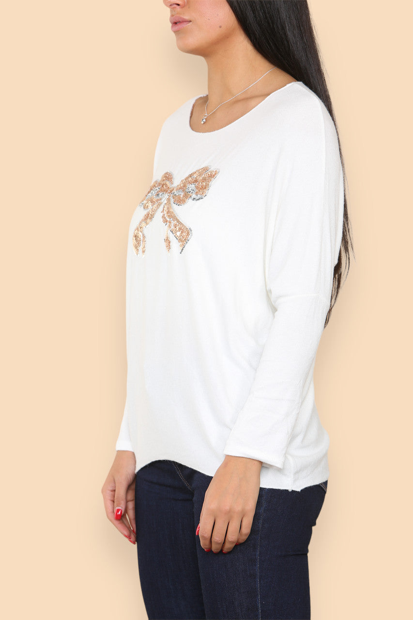 SPARKLE GLITTER BOW KNITTED JUMPER WHITE