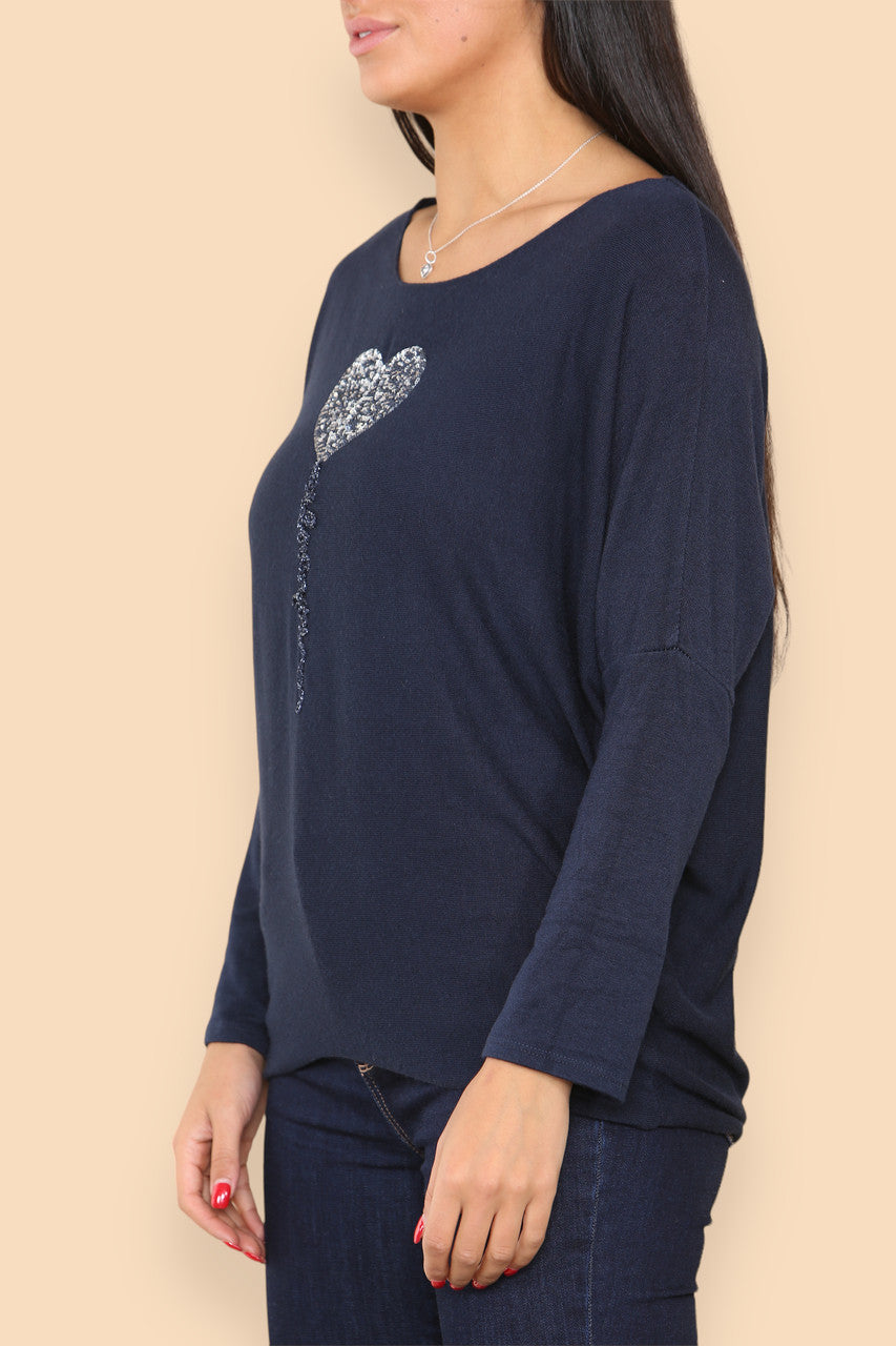 SPARKLE GLITTER BALLOON HEART KNITTED JUMPER NAVY