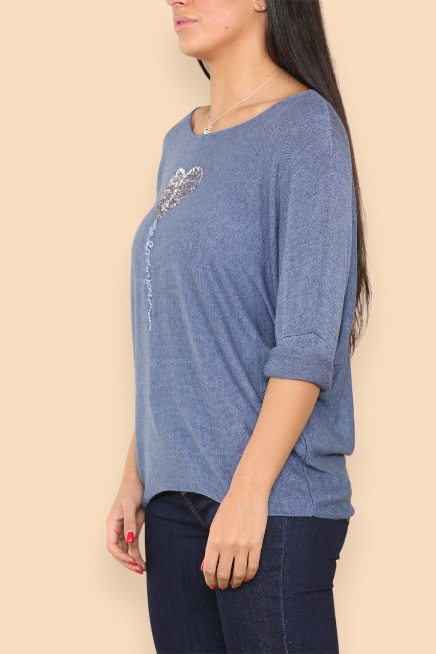 SPARKLE GLITTER BALLOON HEART KNITTED JUMPER DENIM