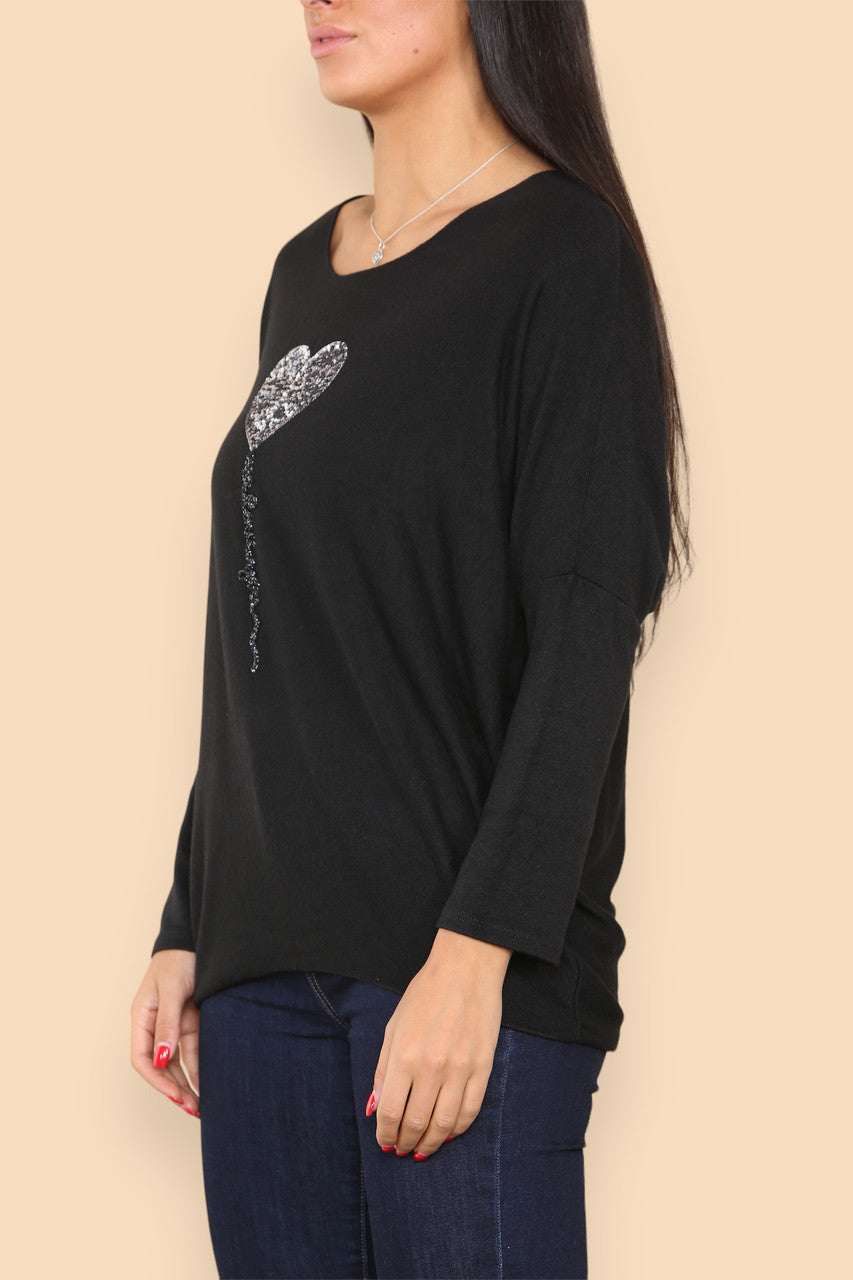 SPARKLE GLITTER BALLOON HEART KNITTED JUMPER BLACK