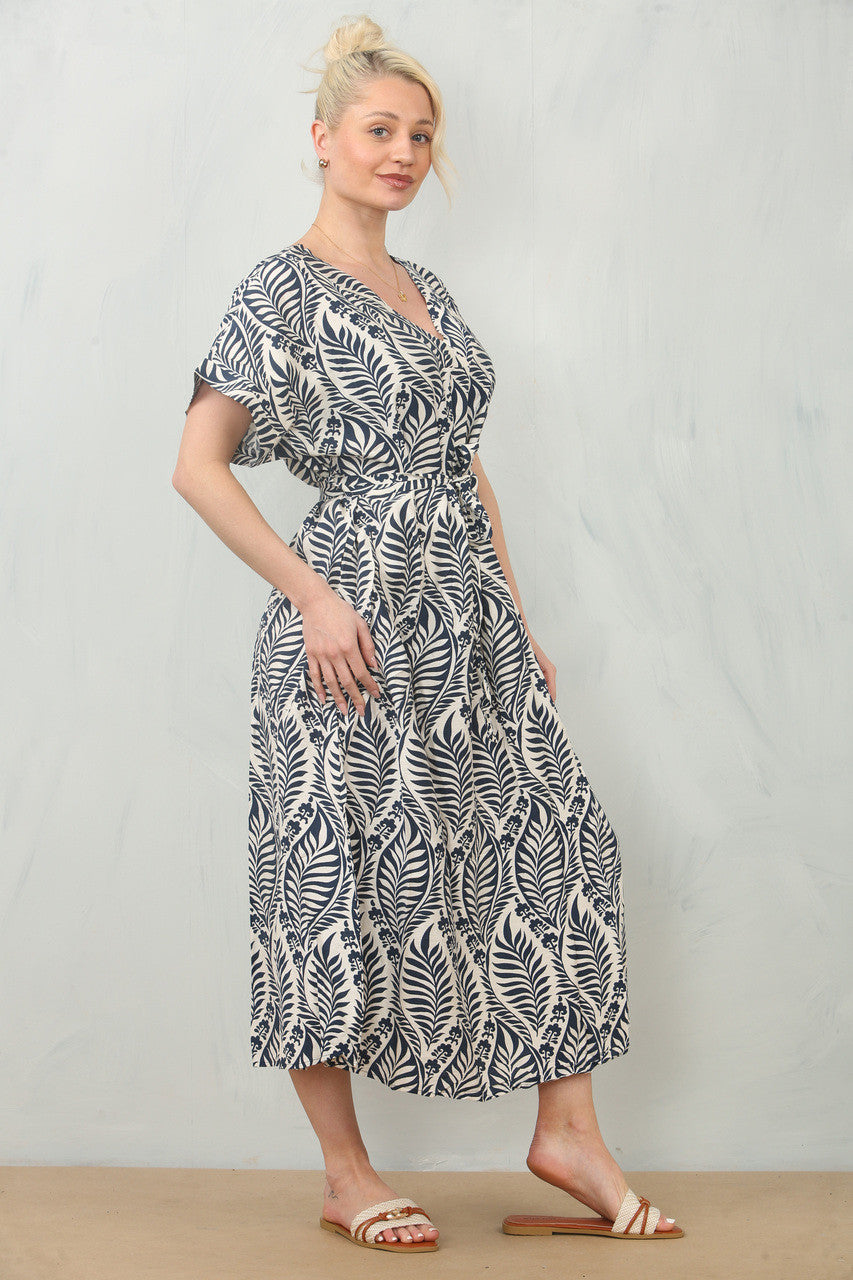 ABSTRACT BLADERENPRINT JURK MET CEINTUUR - NAVY