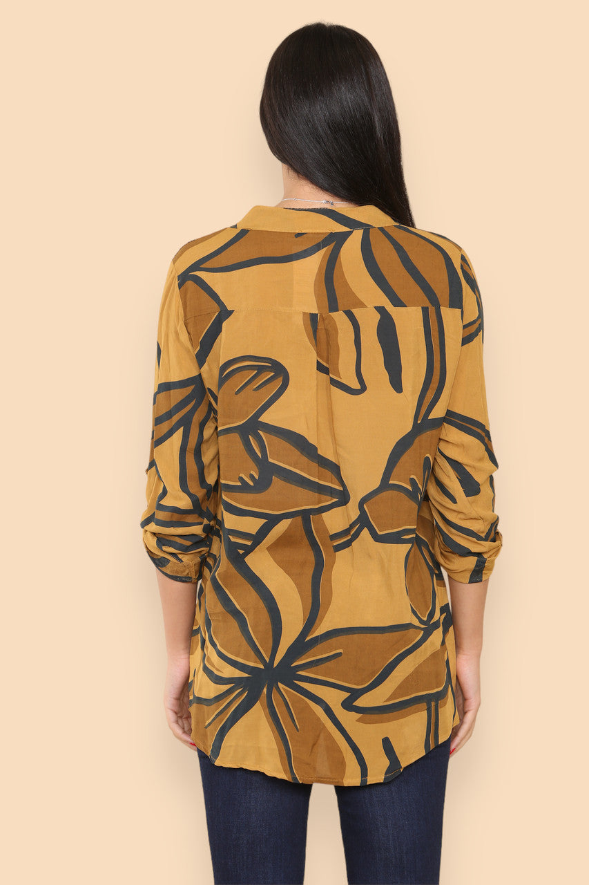 ABSTRACT FLORAL GRANDAD SHIRT MUSTARD