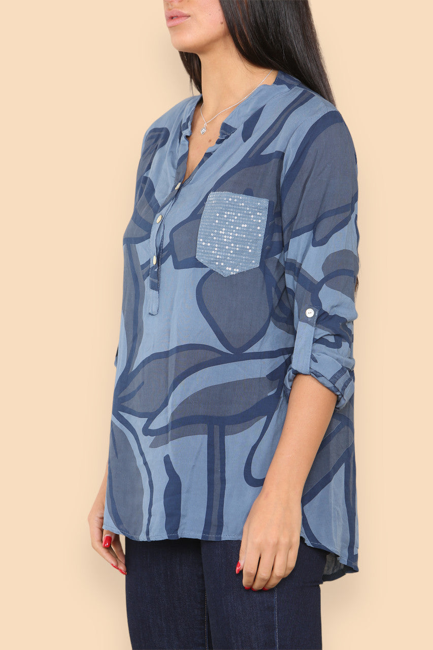 ABSTRACT FLORAL GRANDAD SHIRT DENIM