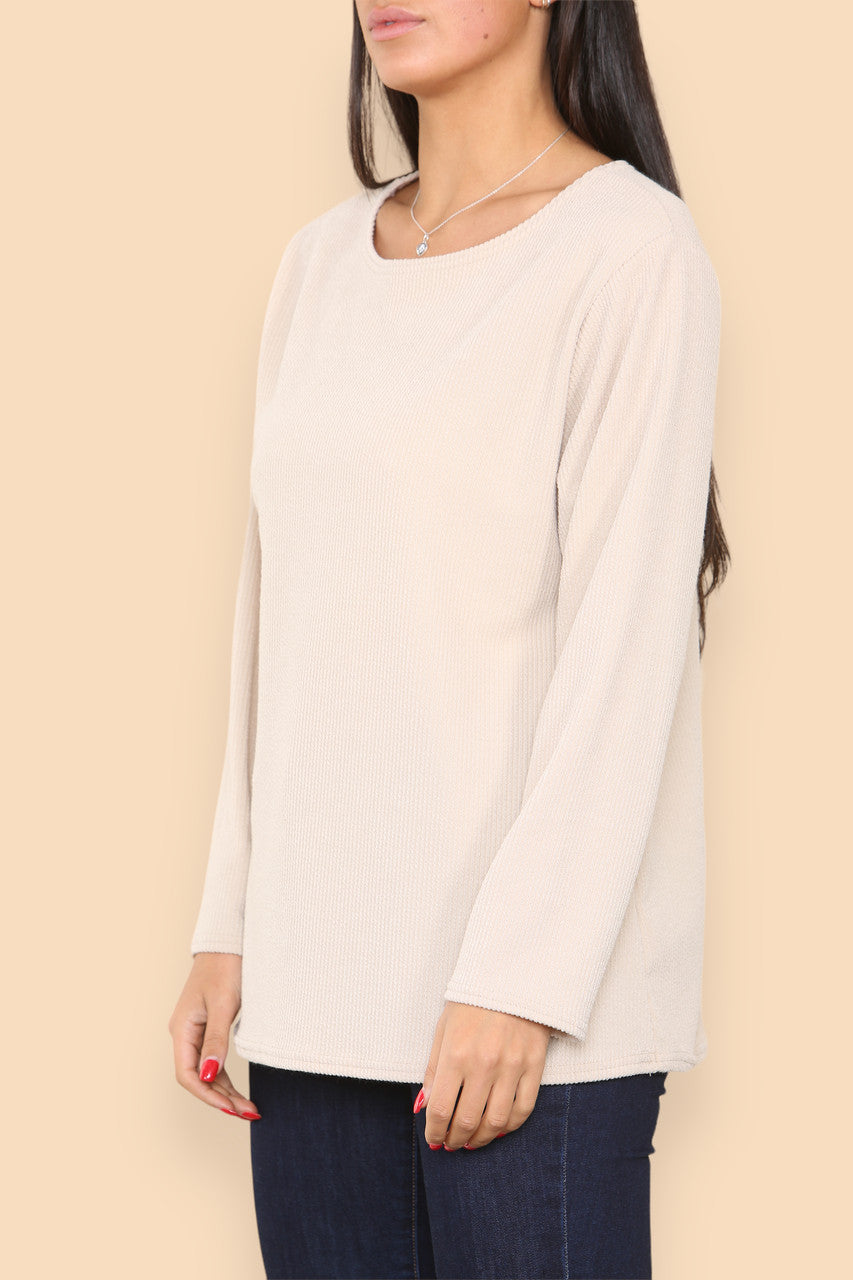 PLAIN RIBBED LONG SLEEVE JUMPER TOP STONE
