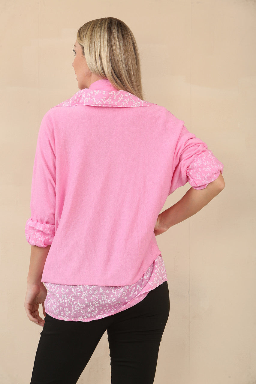 2-IN-1 SHIRT MET BLADERENPRINT, TRUI EN SJAAL - ROZE