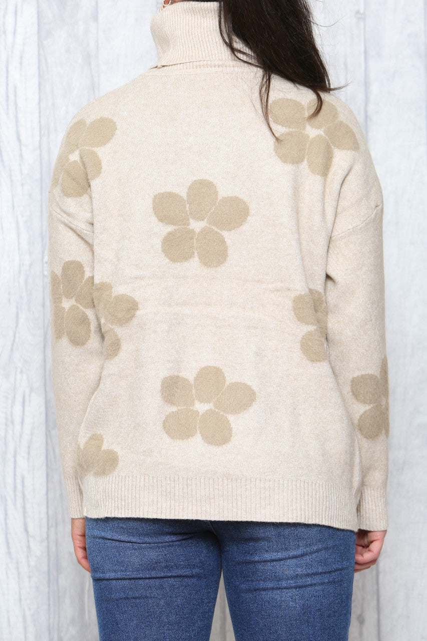 Dames Jumper met bloemenprint en hoge hals Stone