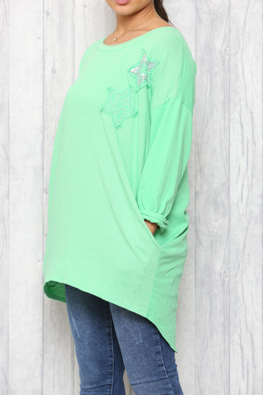 Ladies Distressed Sequin Stars Tunic Top Green