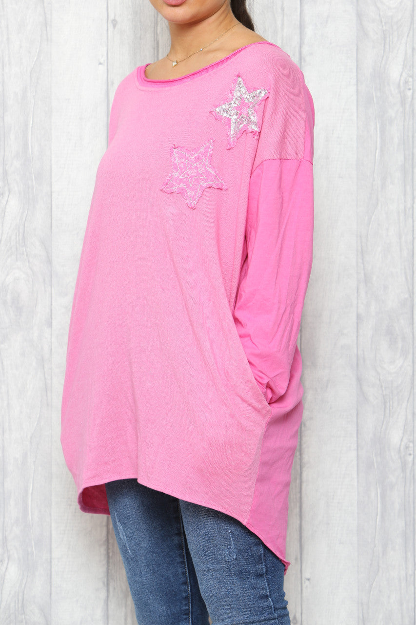 Ladies Distressed Sequin Stars Tunic Top Cerise