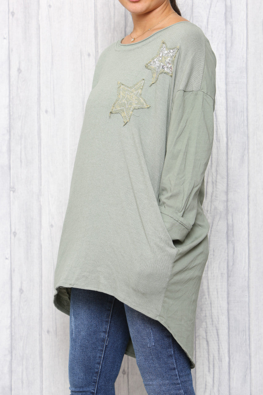 Dames T-shirt Tuniek met distressed paillettensterren Kaki