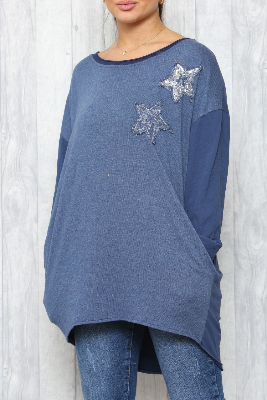 Ladies Distressed Sequin Stars Tunic Top Denim