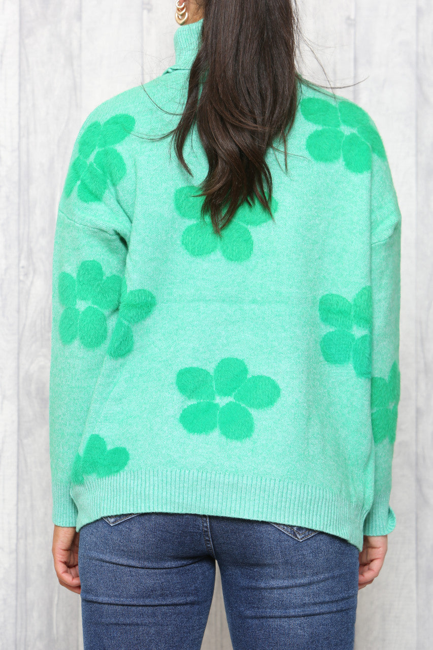 Ladies Floral Print High Neck Jumper Green