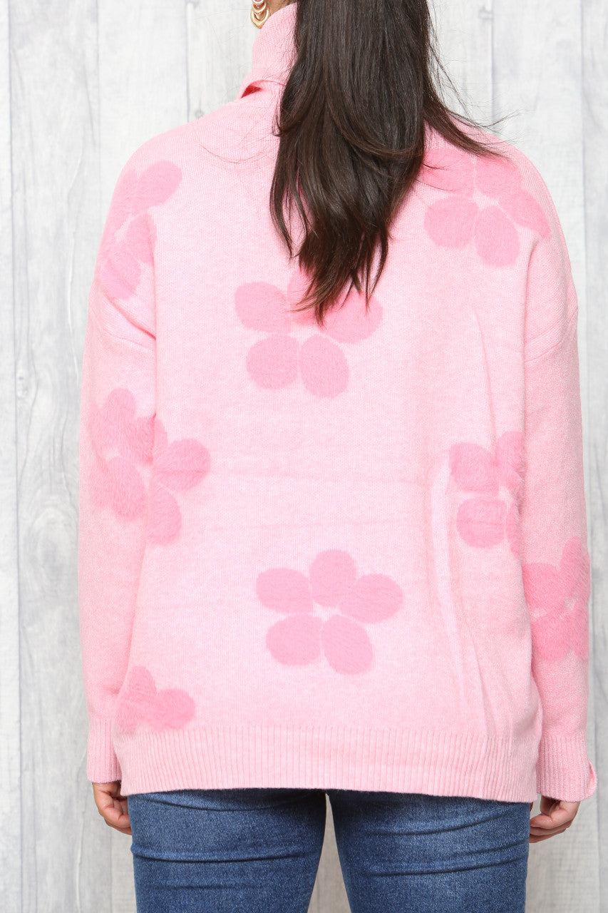 Ladies Floral Print High Neck Jumper Pink
