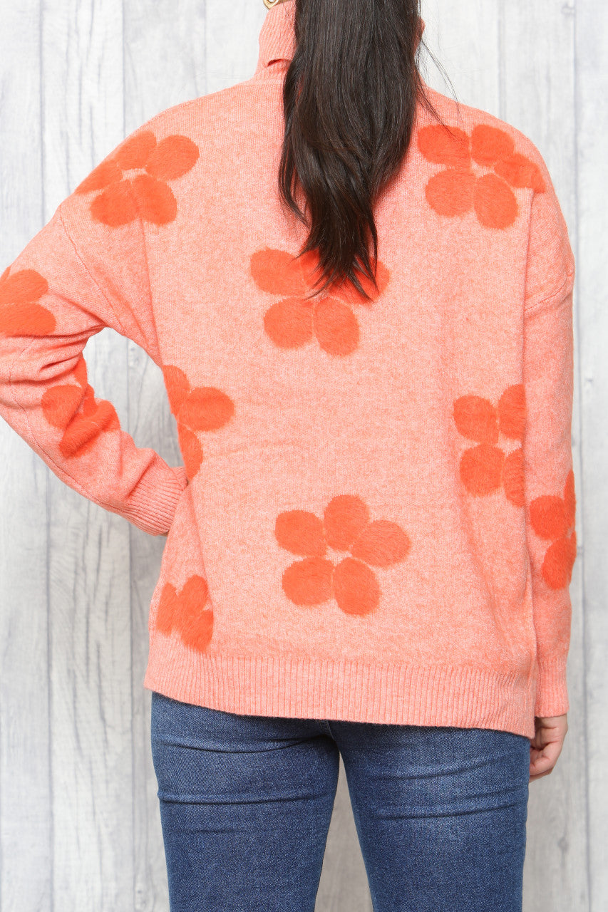Ladies Floral Print High Neck Jumper Orange