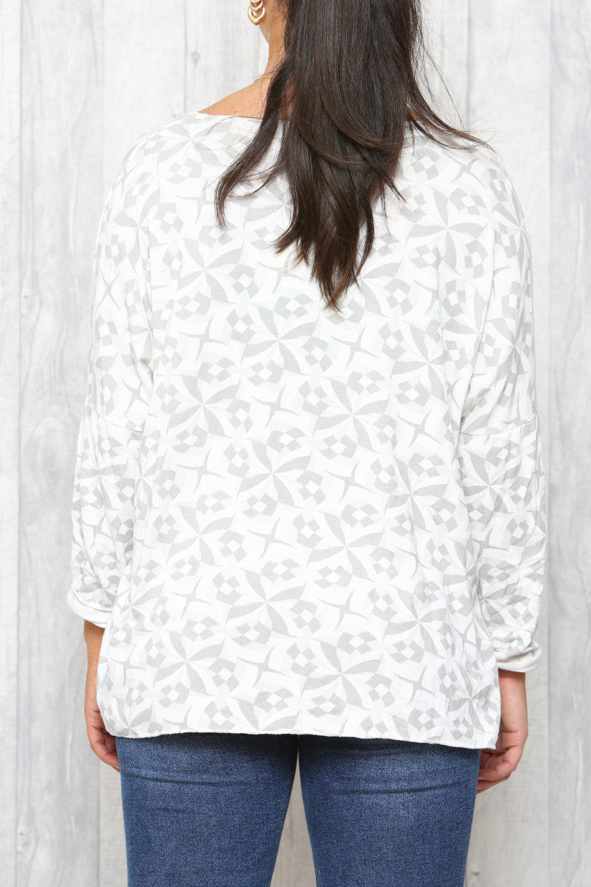 Ladies Geo Print Fine Knit Jumper Top White