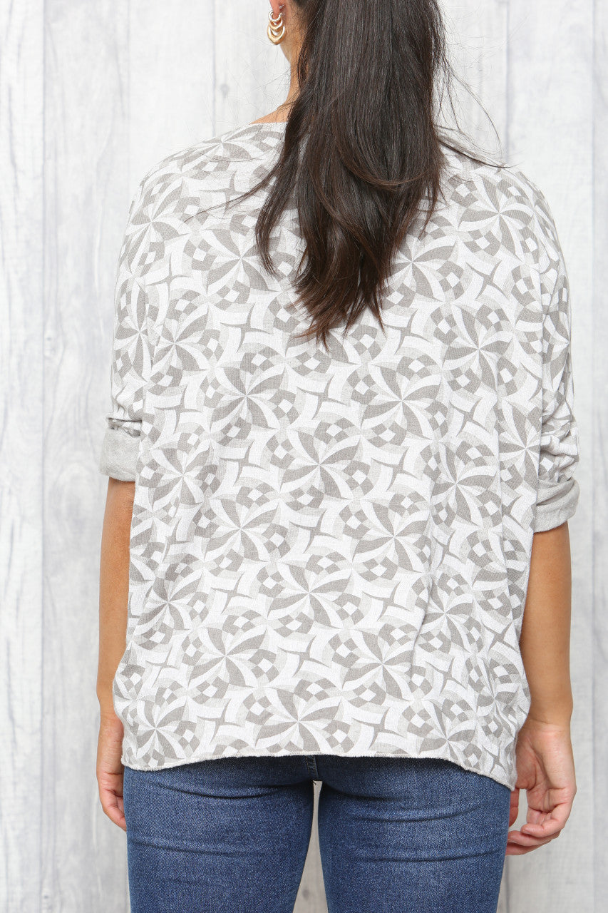 Ladies Geo Print Fine Knit Jumper Top Stone