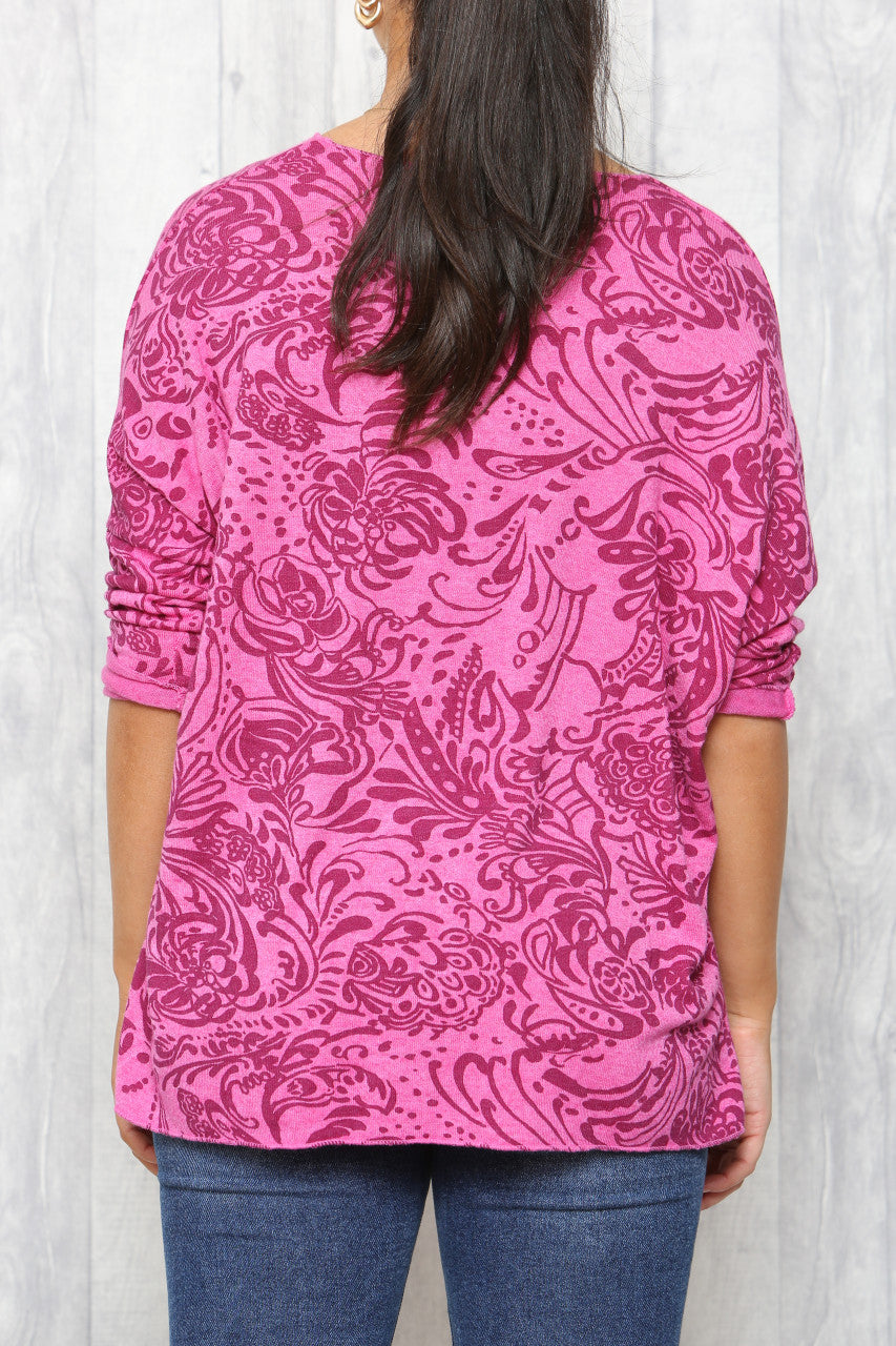 Ladies Paisley Print Fine Knit Jumper Top Cerise