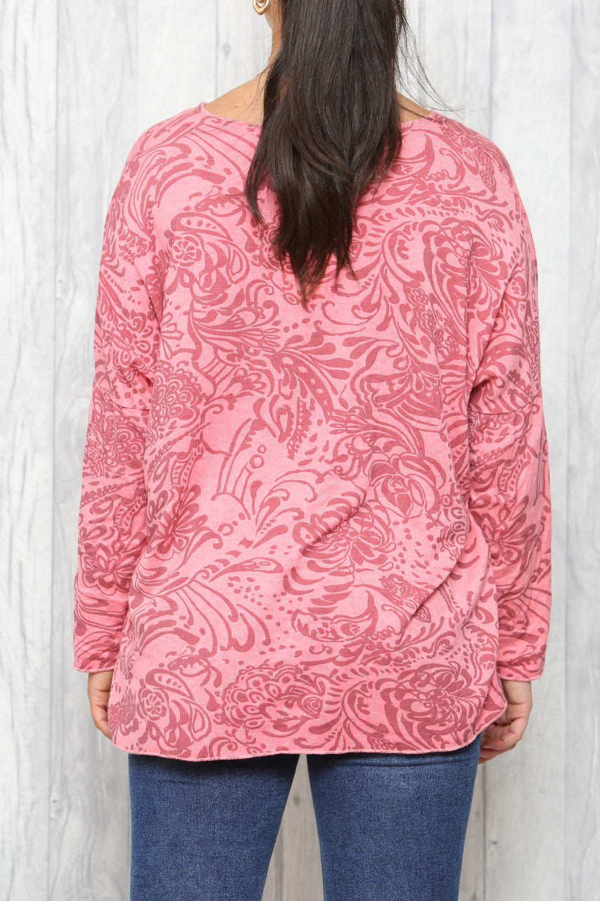 Dames Paisley Print Fijntricot Trui Koraal