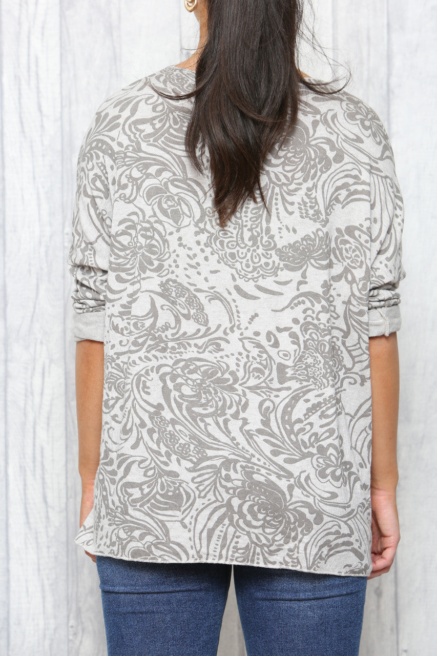 Ladies Paisley Print Fine Knit Jumper Top Stone