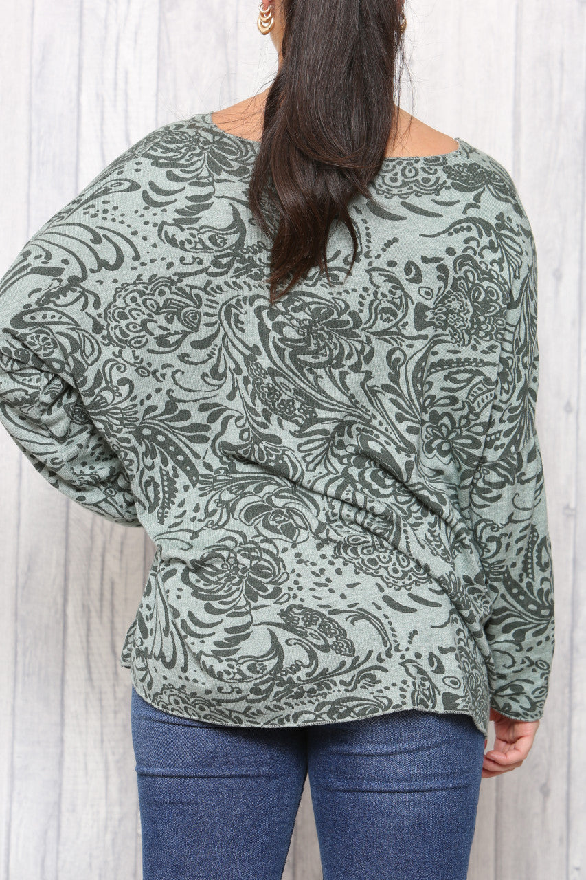 Dames Paisleyprint Fijngebreide Trui Khaki
