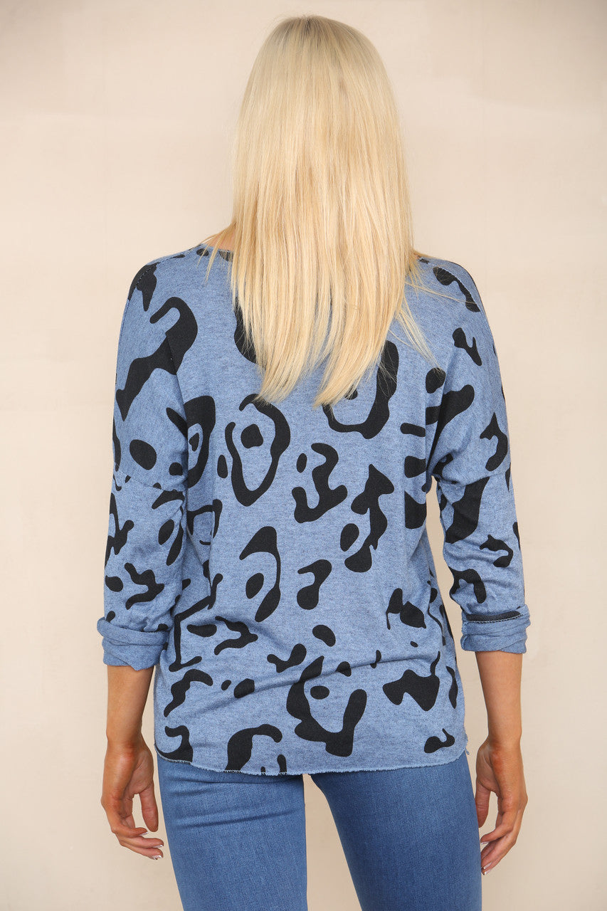DIERENPRINT STENCIL FIJNGEBREIDE TRUI DENIM