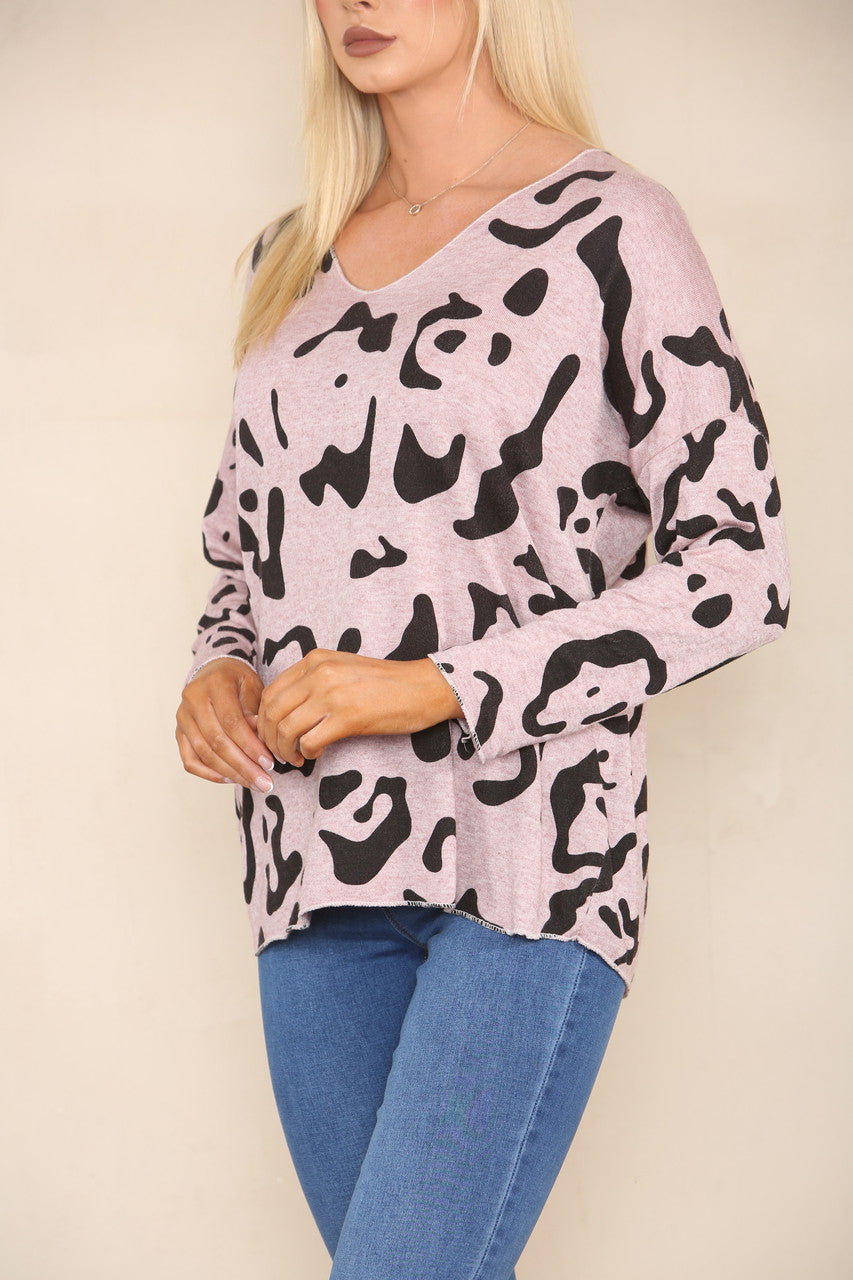 ANIMAL STENCIL PRINT FINE KNIT JUMPER DUSTY PINK