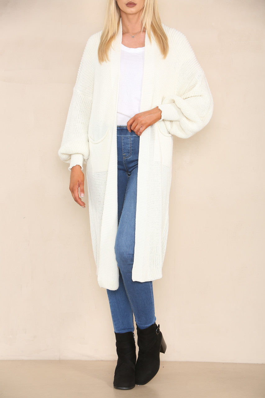 CHUNKY KNIT BALLOON SLEEVE LONGLINE CARDIGAN WINTER WHITE