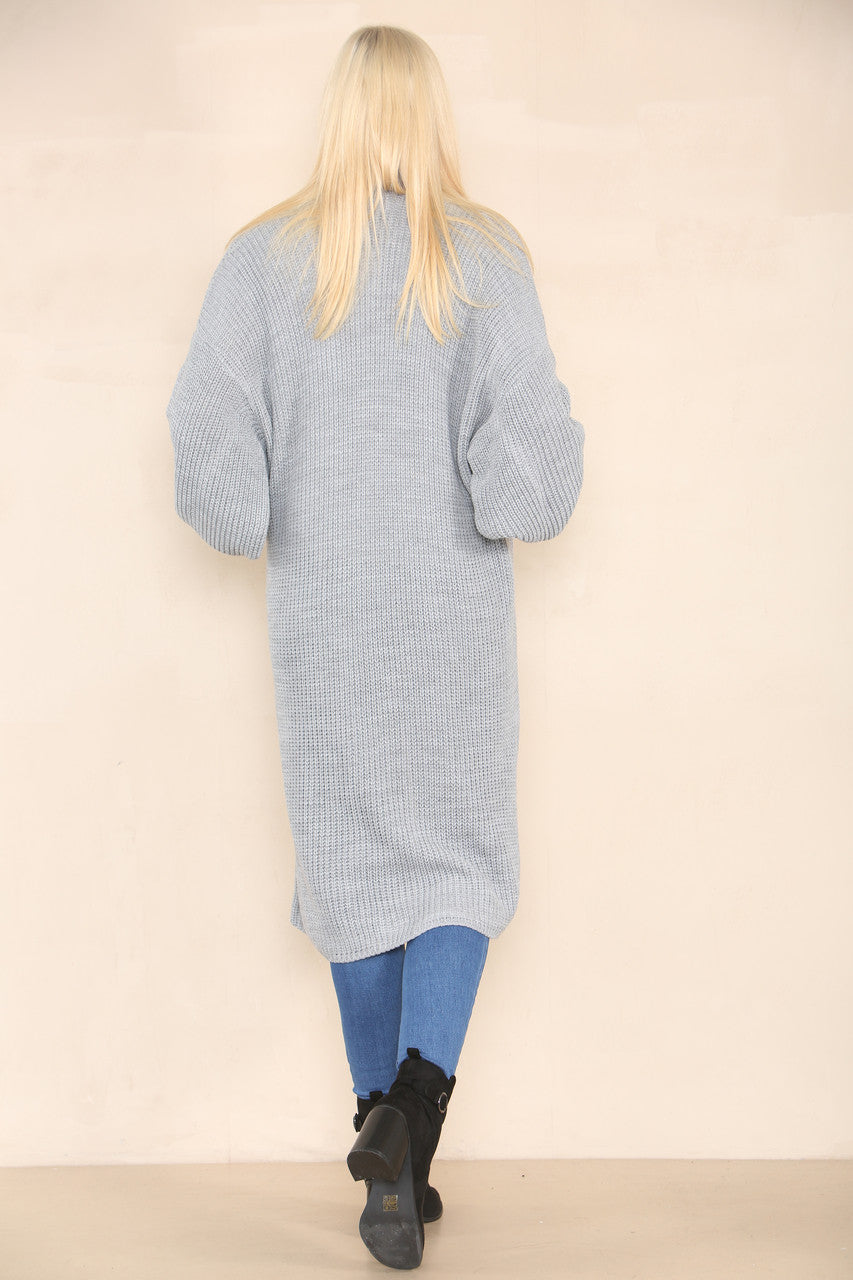 CHUNKY KNIT BALLOON SLEEVE LONGLINE CARDIGAN SILVER GREY