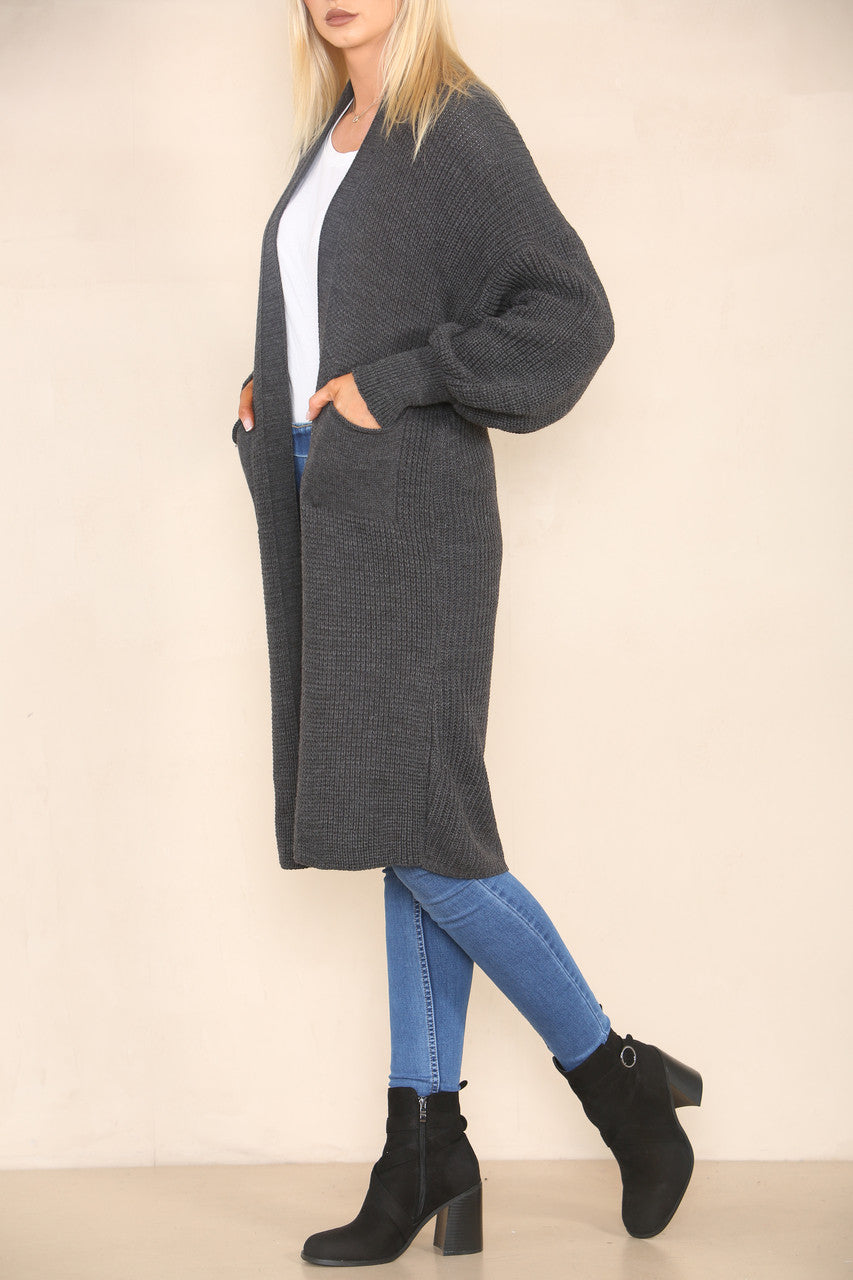 CHUNKY KNIT BALLOON SLEEVE LONGLINE CARDIGAN CHARCOAL