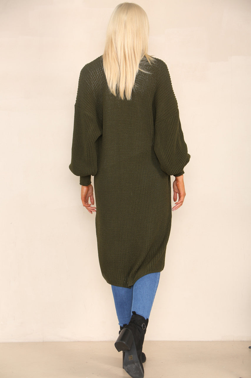 CHUNKY KNIT BALLOON SLEEVE LONGLINE CARDIGAN KHAKI